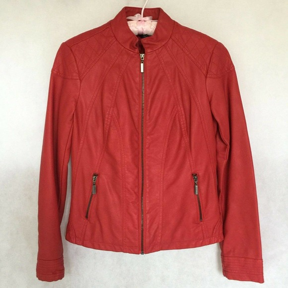 Alfani Red Faux Leather Vegan Moto Bomber Jacket Size XS Lined Pockets Zip Up - Picture 2 of 9